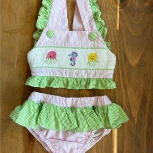 18m Awe Smocks Pink & Green Ruffle Girl Swim Bikini with Sea Creature Embroidery